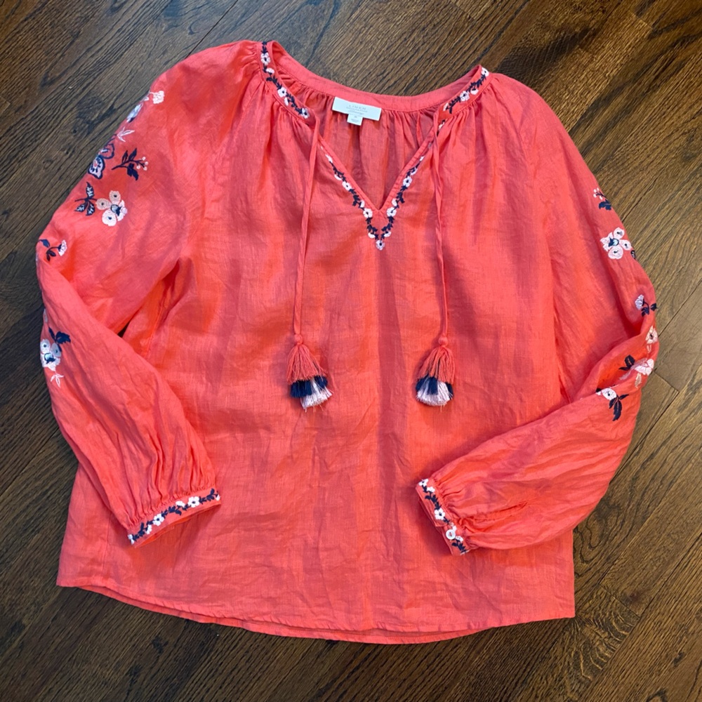 100% linen- Charter Club Luxury- Embroidered Coral Peasant Blouse Tassel Tie (M)